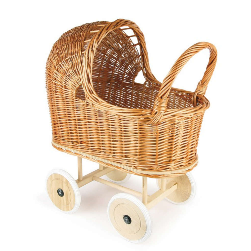 button to buy kids wooden wicker dolls pram